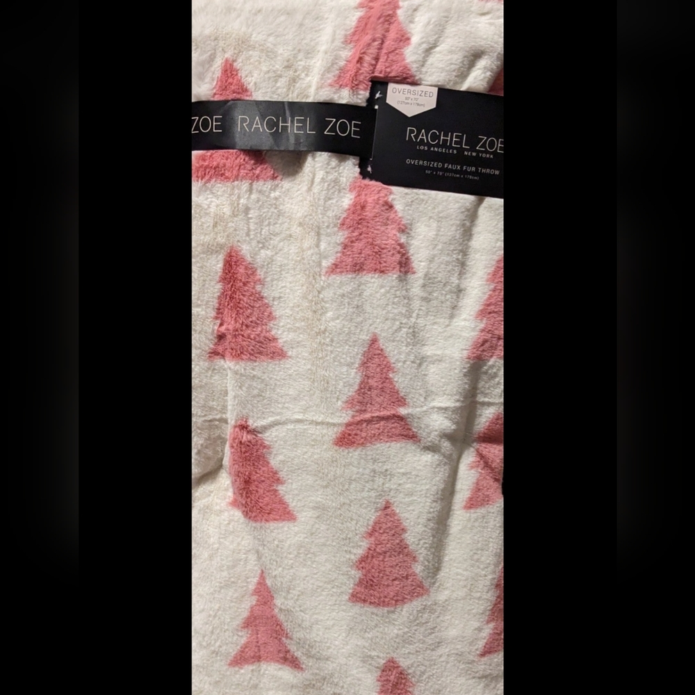 Rachel Zoe Pink Trees Oversized Faux Fur Throw 50" x 70" Christmas Winter